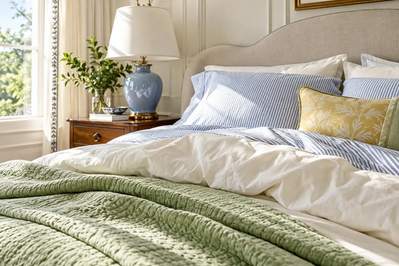 Soft ivory bedding and pillows in morning light.