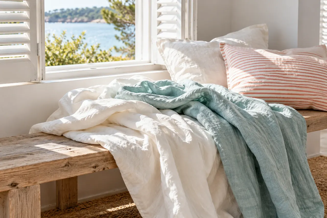 Ivory and aqua linens with a coral-striped pillowcase by a window.