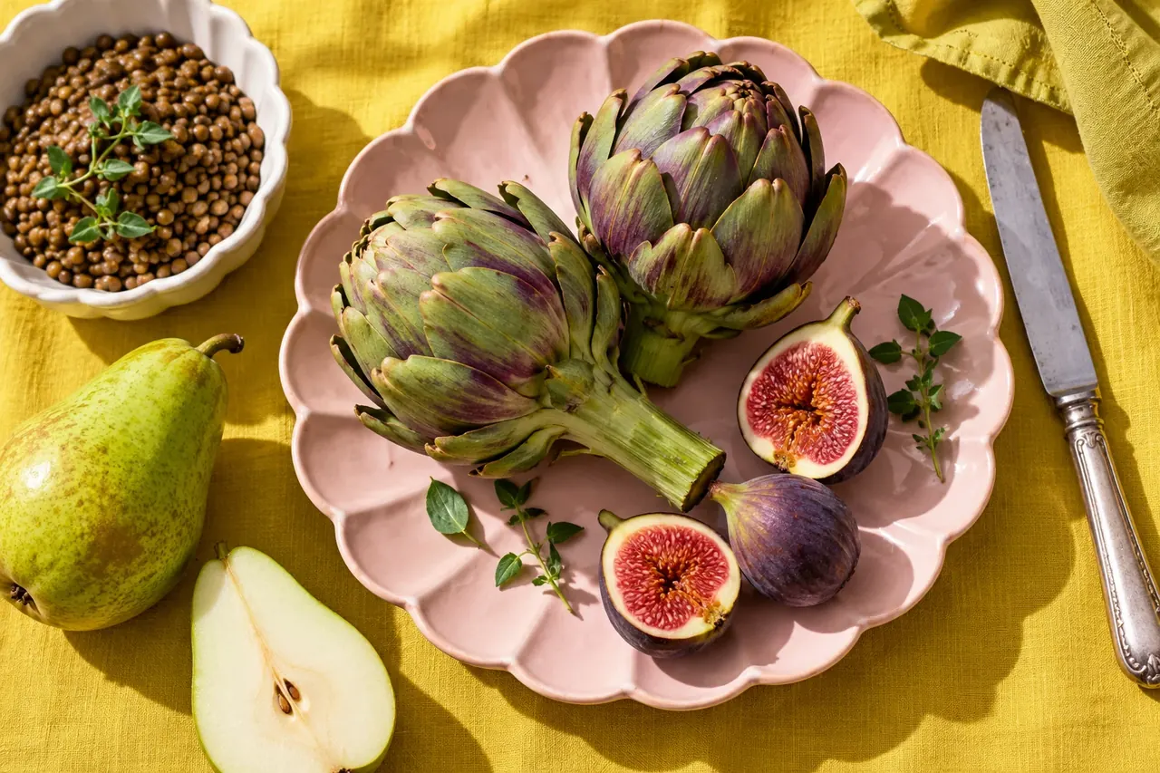 Artichokes, figs, lentils and a pear arranged on yellow linen.