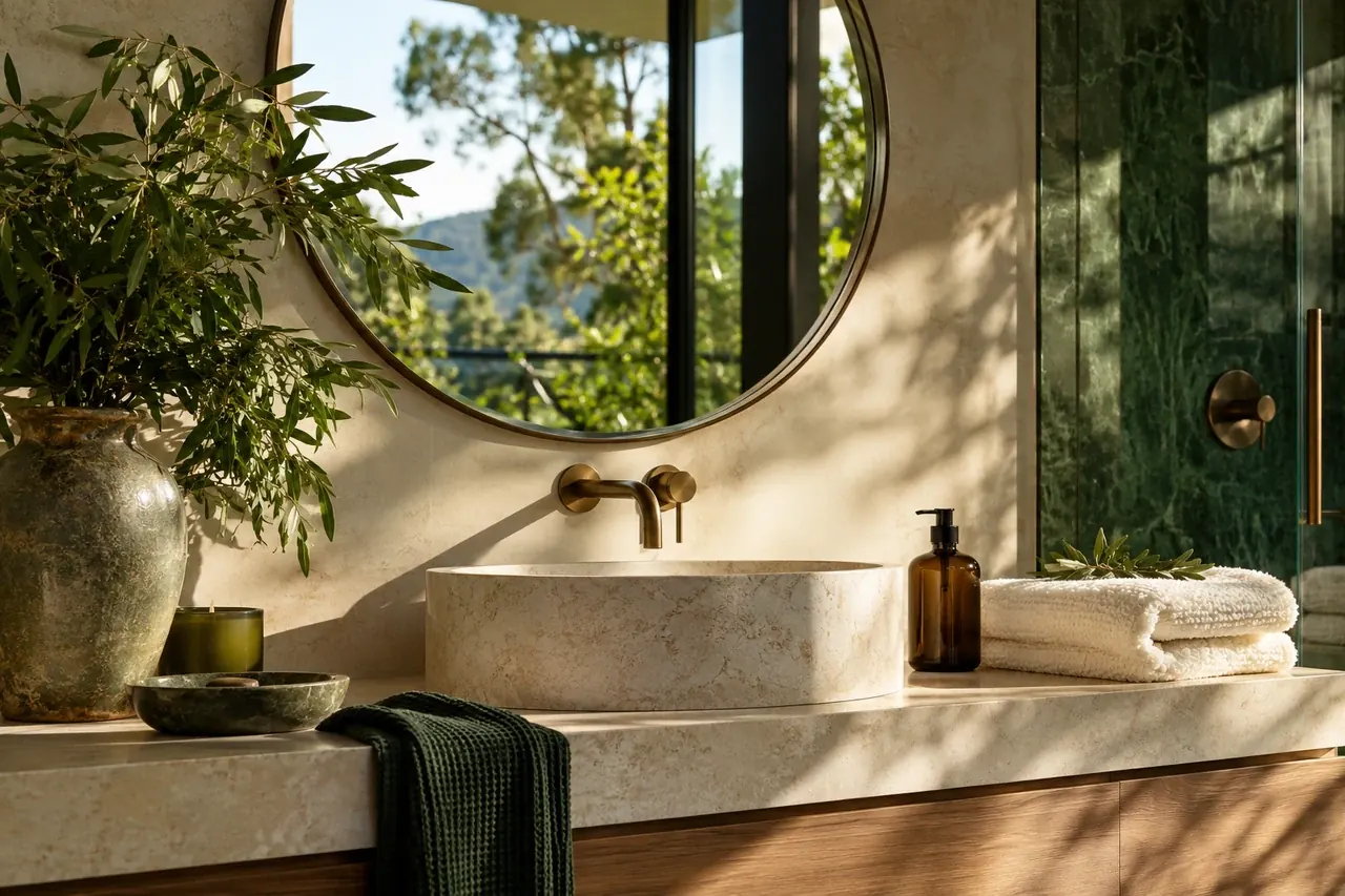 A sunlit bathroom with a round mirror, folded towels and an amber bottle.