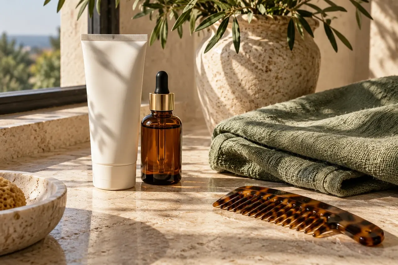 Skincare containers, a comb and a sage towel on pale stone in morning light.