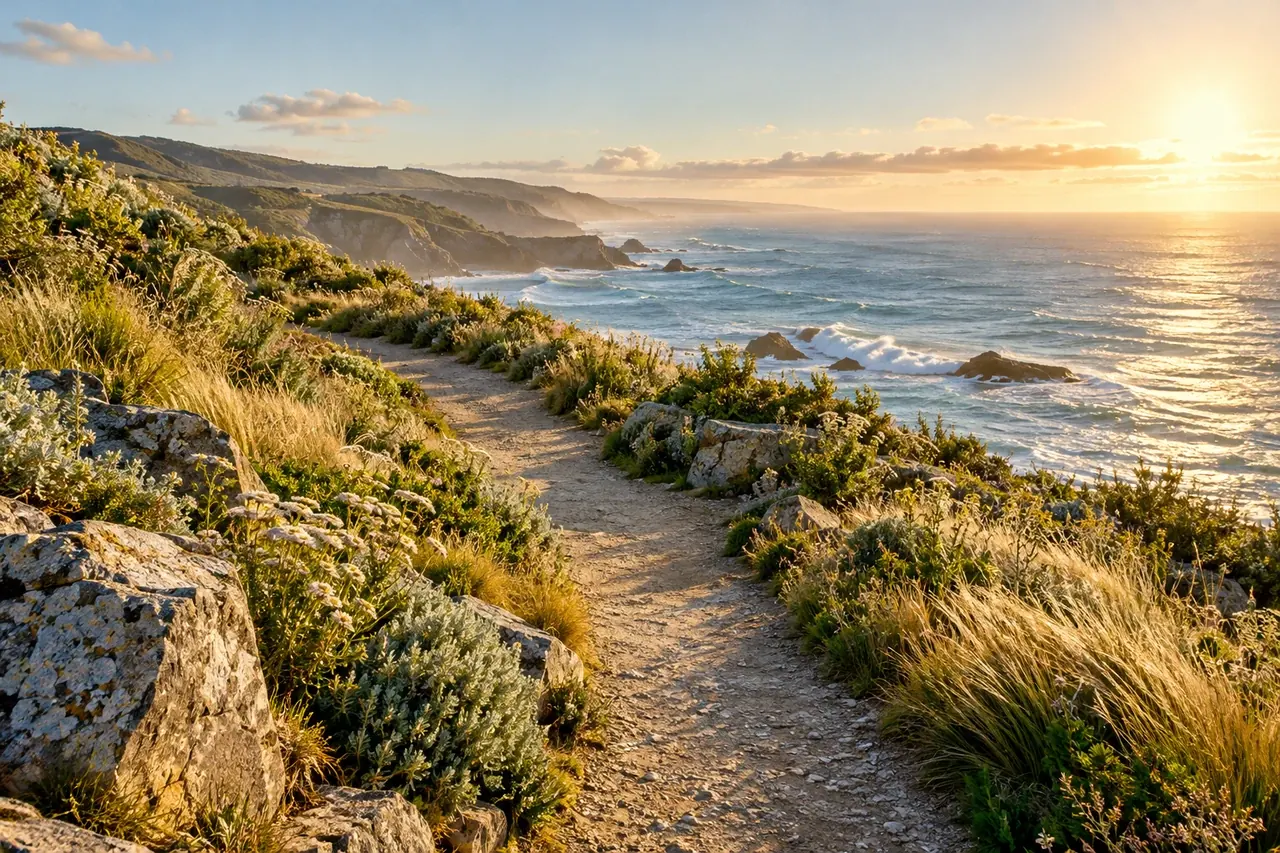 An empty walking path through coastal grasses above the sea in morning light.
