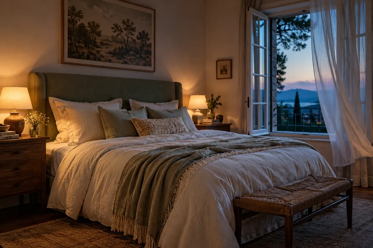 A quiet bedroom at blue hour with ivory bedding and a warm bedside lamp.