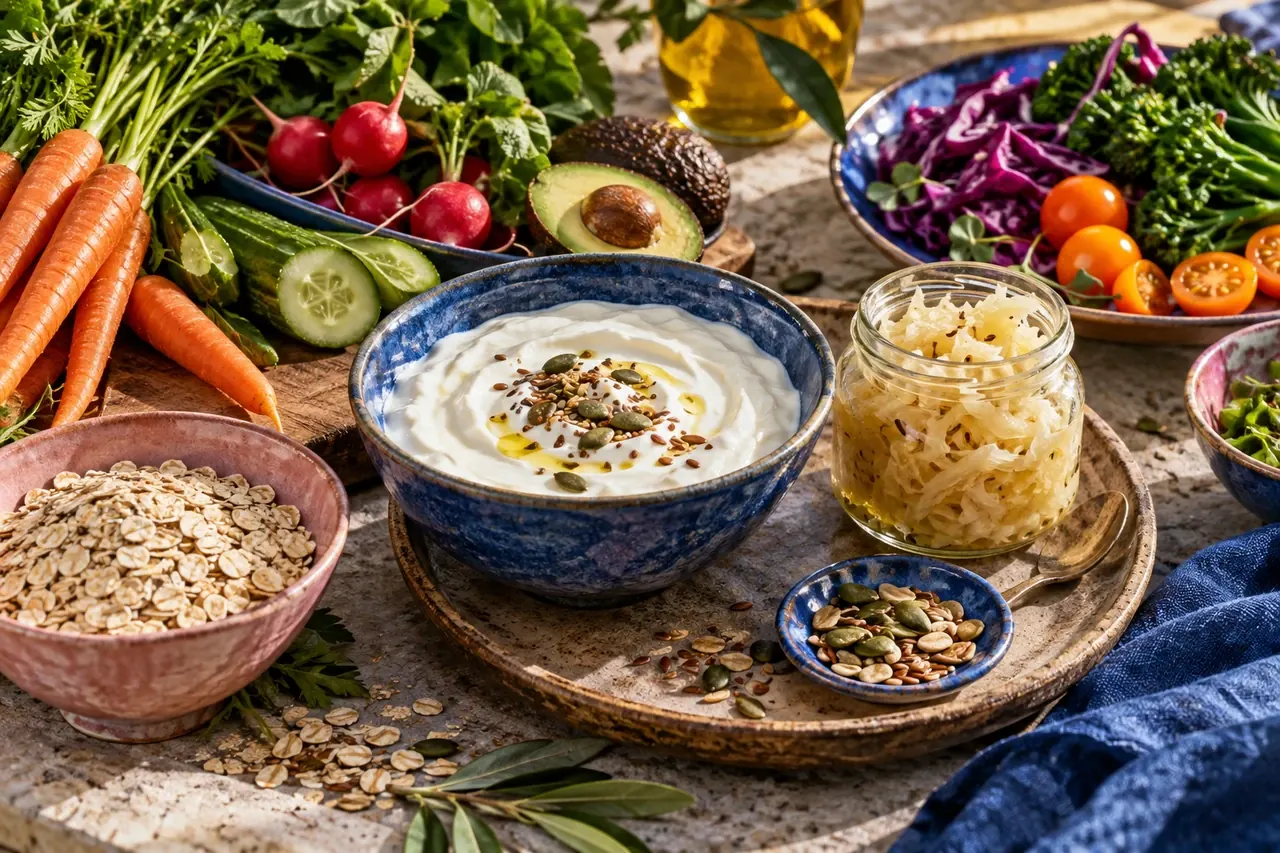 Yogurt, sauerkraut, oats and fresh vegetables arranged on colorful pottery.