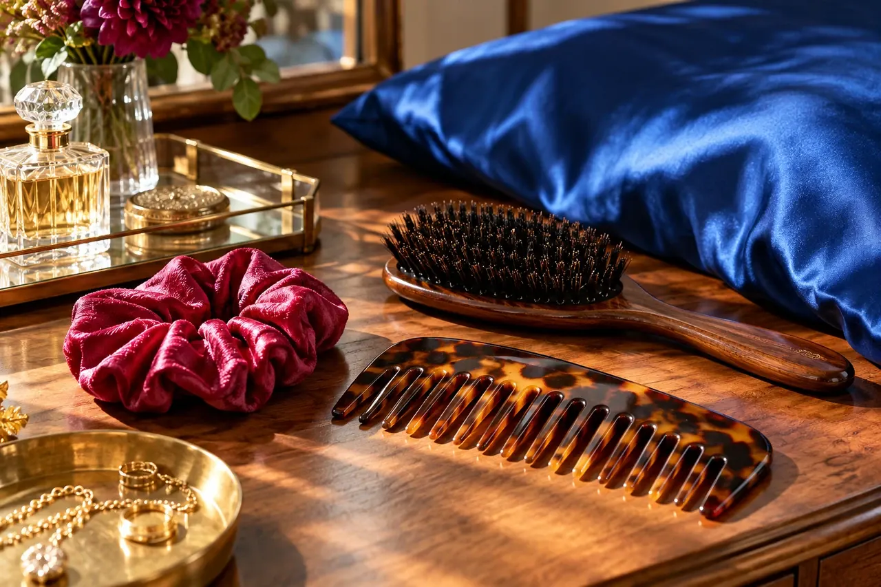 A tortoiseshell comb, hairbrush and raspberry scrunchie beside a cobalt silk pillowcase.