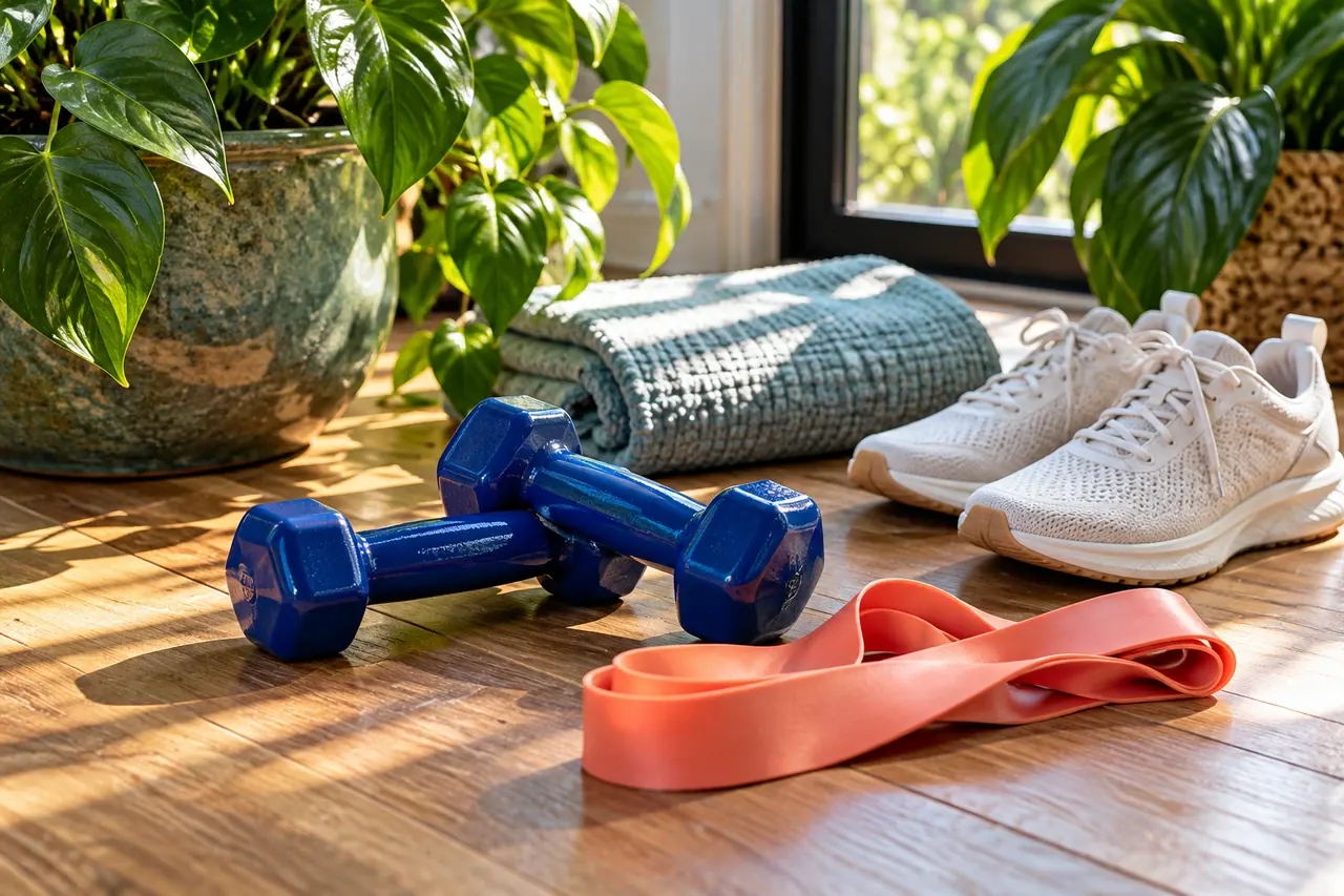 Blue dumbbells, a coral resistance band, trainers and a textured towel beside a sunny window.