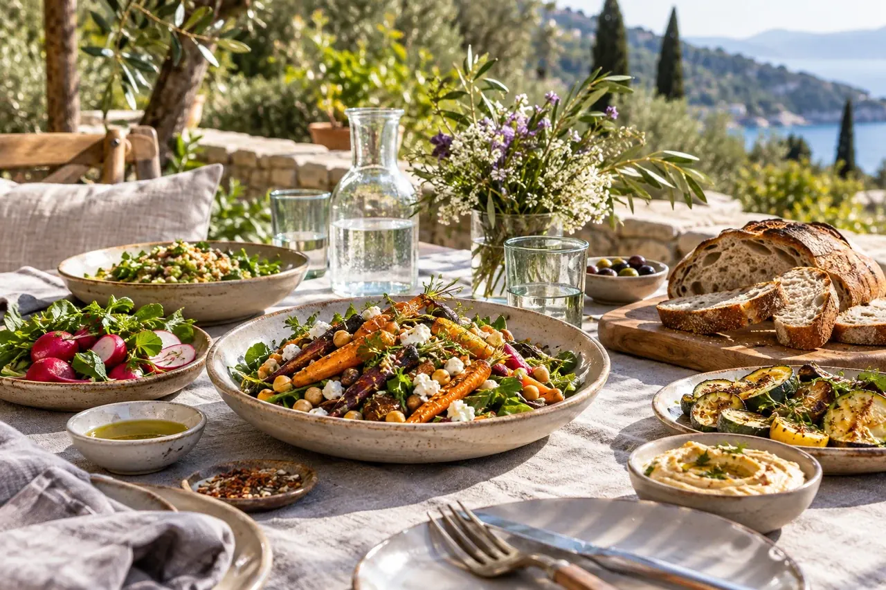 Vegetable dishes, legumes, bread and water glasses on an outdoor lunch table.