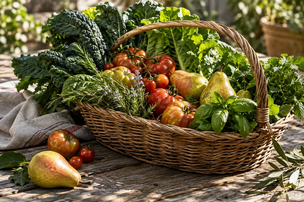 A market basket filled with vegetables, fruit and herbs on a wooden table.