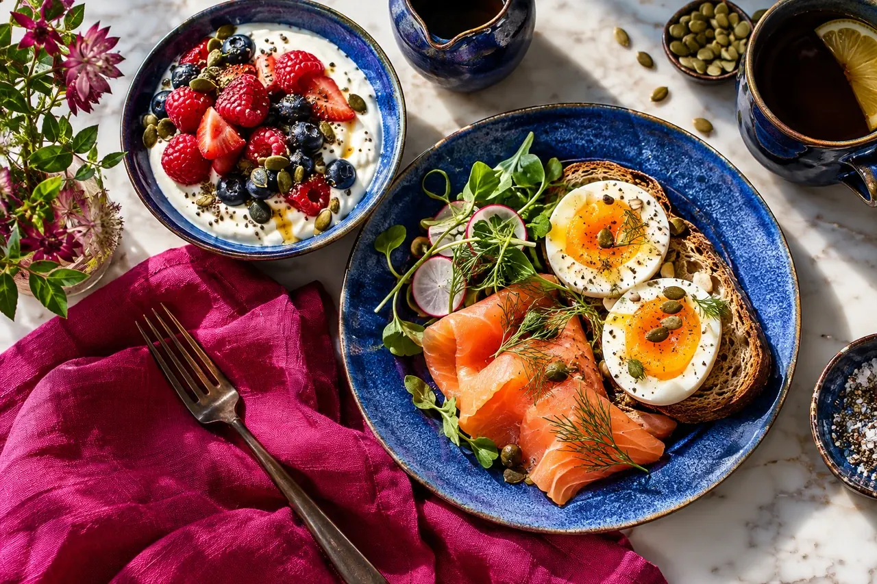 Eggs, yogurt, berries, seeds and smoked salmon on colorful breakfast ceramics.