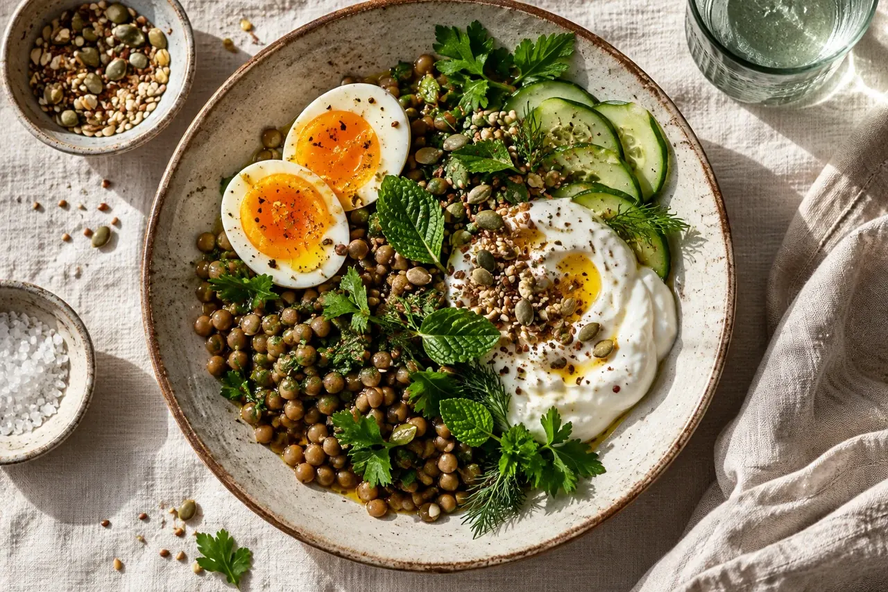 Eggs, lentils, yogurt and seeds arranged on a ceramic plate and ivory linen.