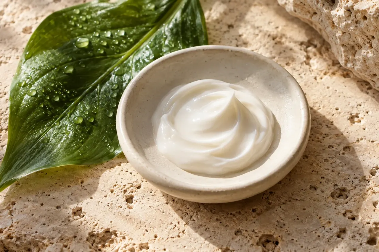 A swirl of moisturizer in a ceramic dish beside a dewy green leaf on pale stone.