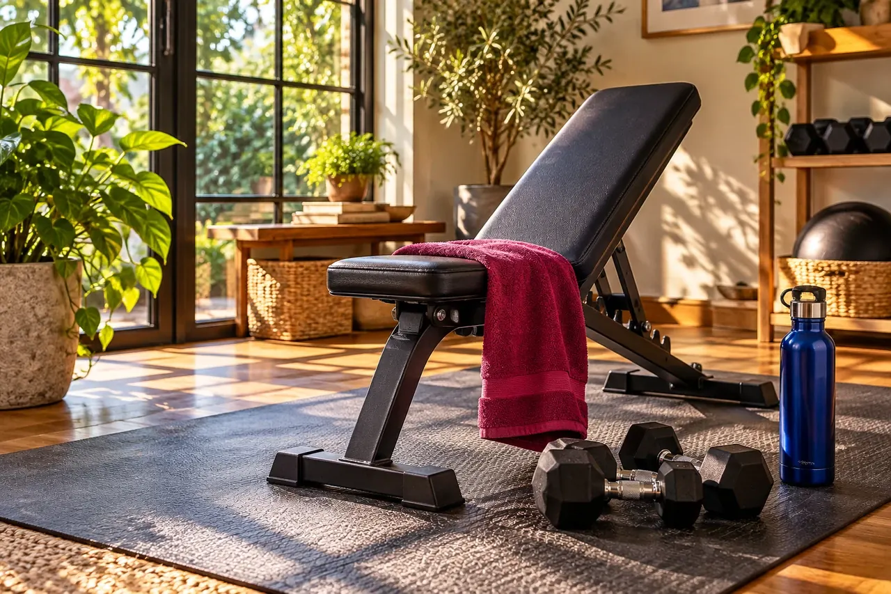 A home strength-training corner with a weight bench, free weights and a raspberry towel.