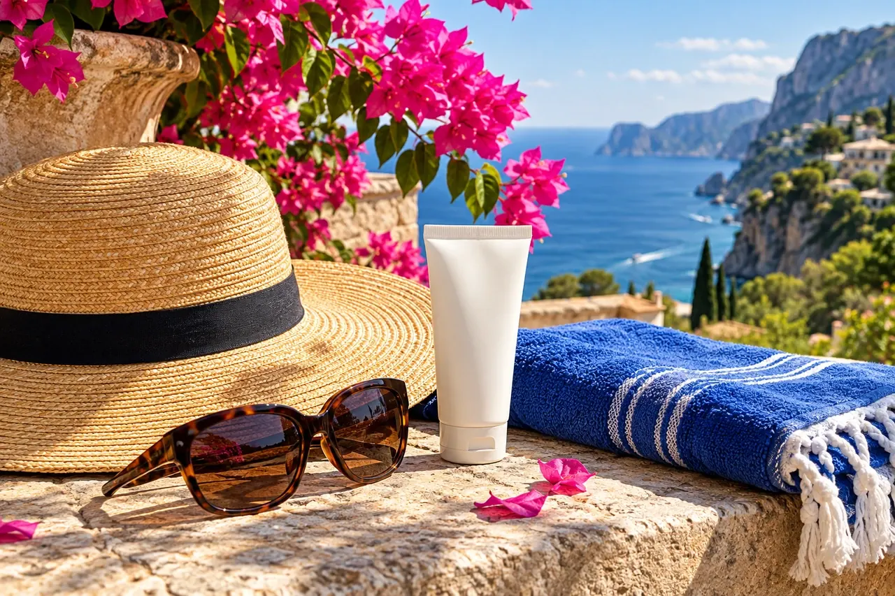 A straw sunhat, sunscreen, sunglasses and a cobalt towel on a flower-lined terrace.