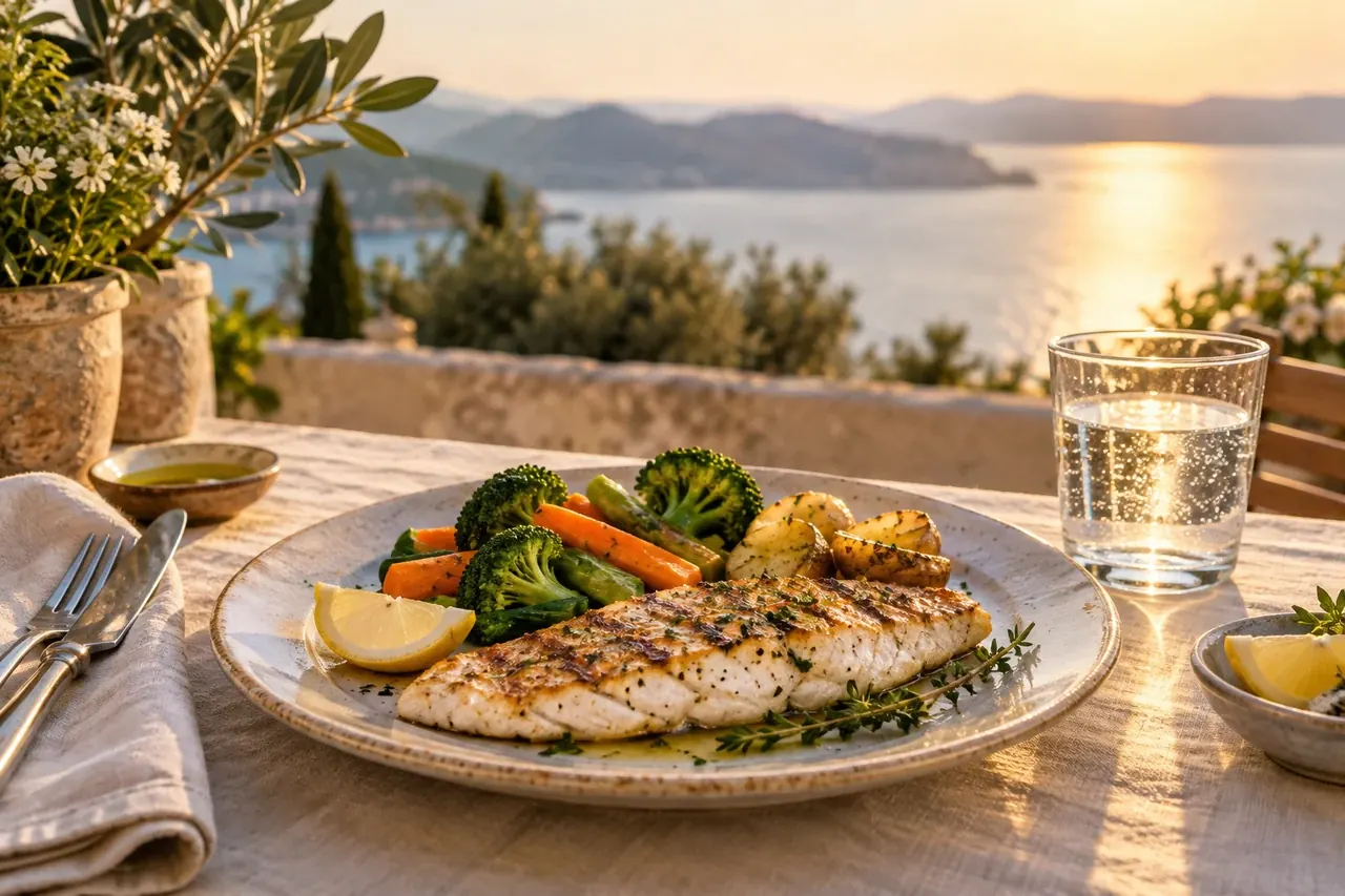 Grilled fish, vegetables and a glass of water on a linen-covered terrace table.