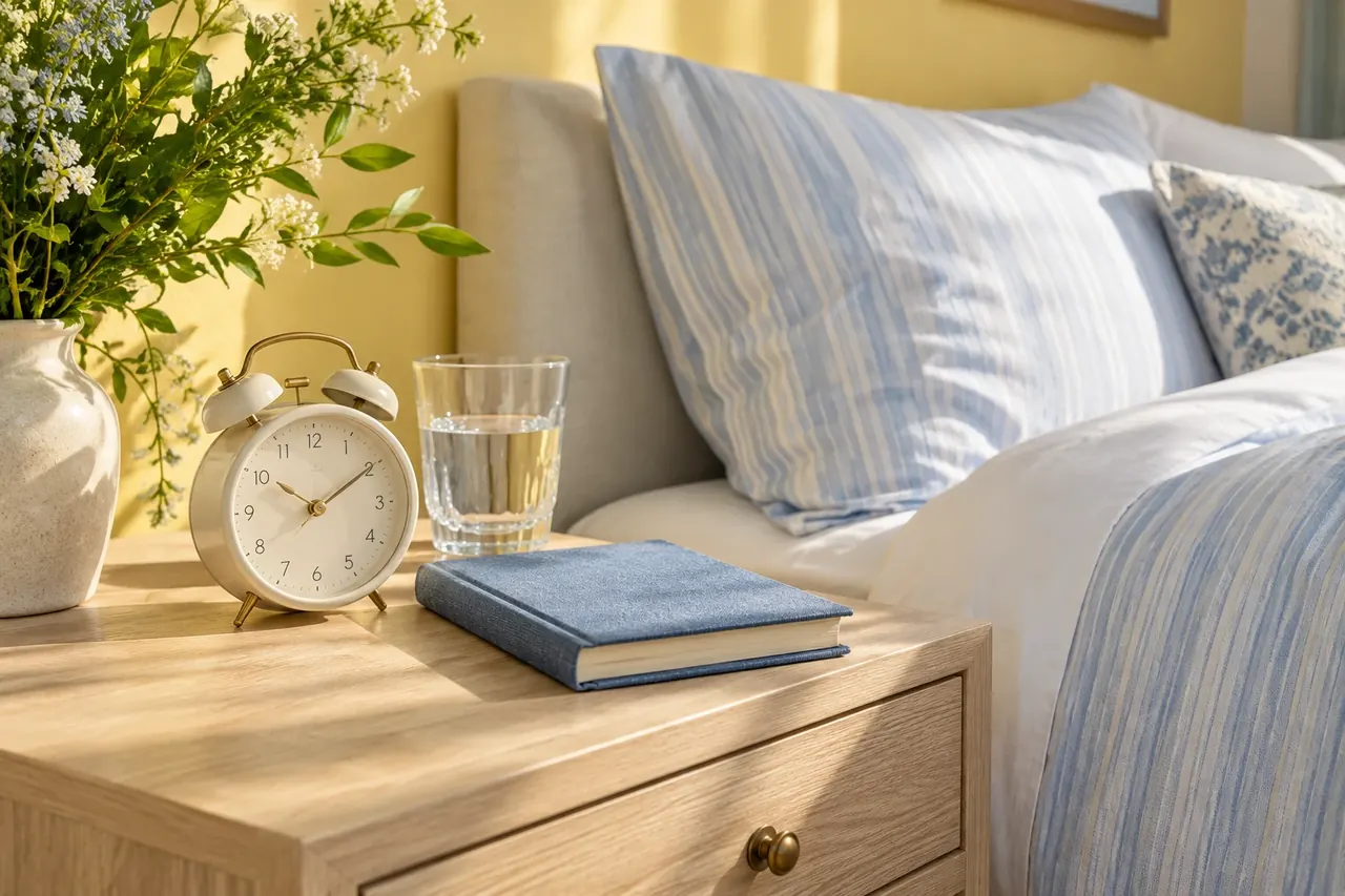 An ivory alarm clock and blue journal on a light wood bedside table.