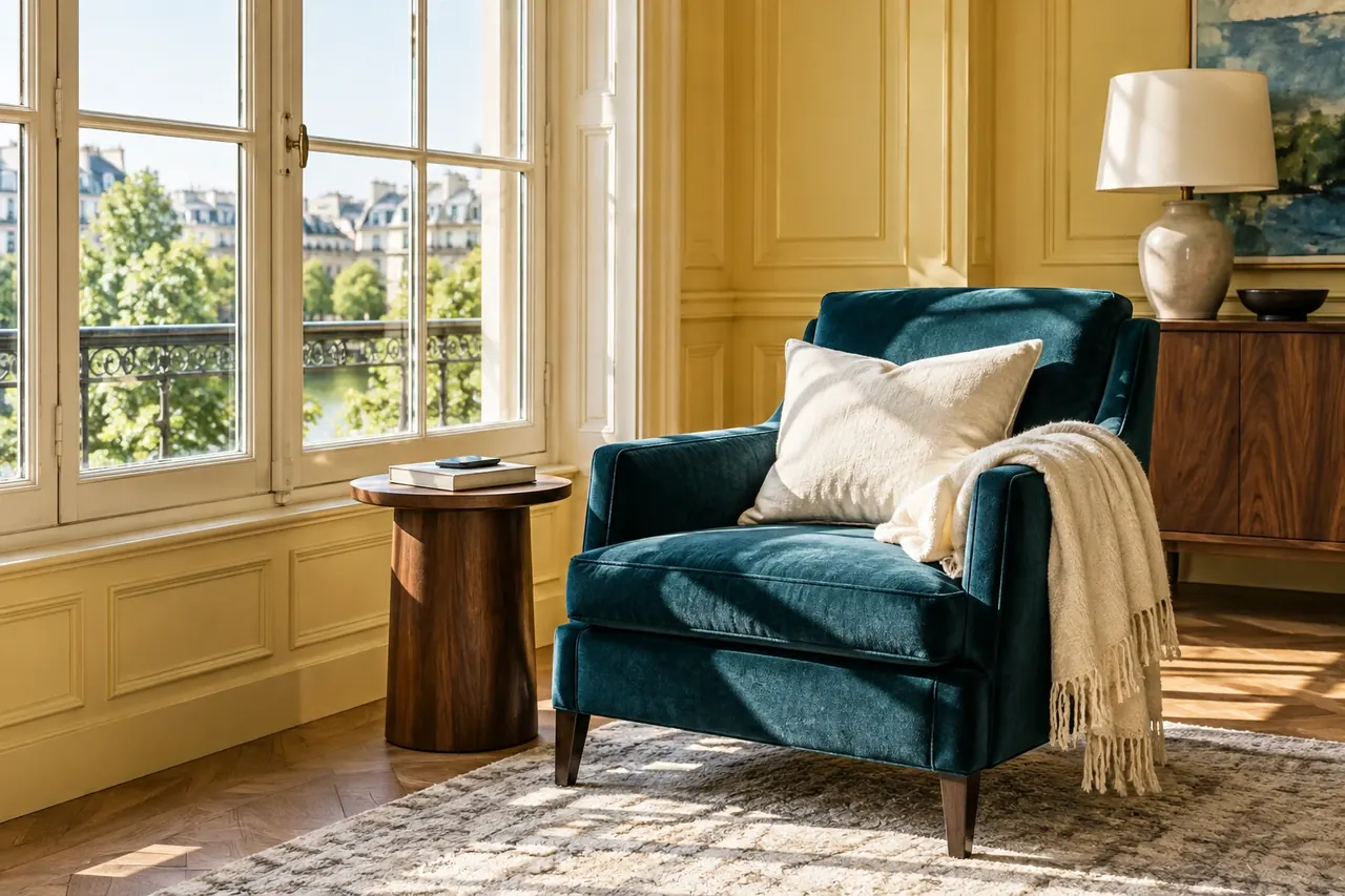 A teal armchair and ivory throw beside a table with a book and a phone.