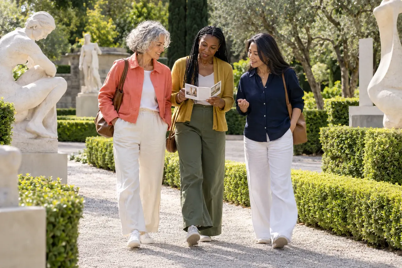 Three women strolling together through a sculpture garden.