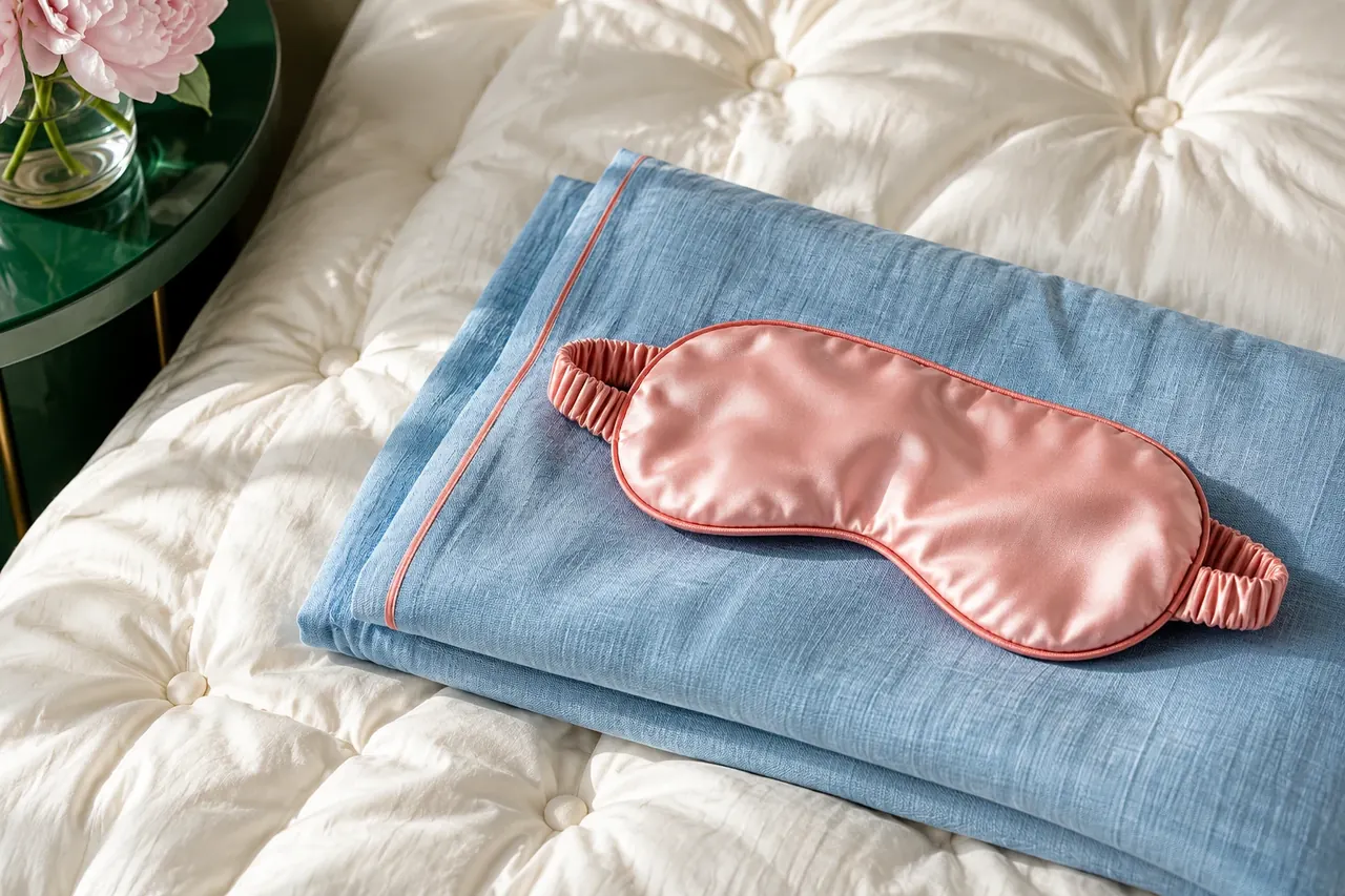 A pink silk sleep mask on blue linen.
